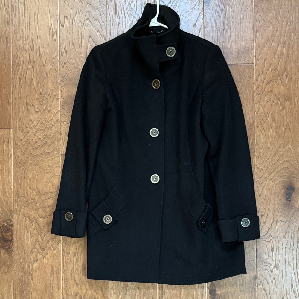 George Simonton Studio Classic Black funnel neck pea coat with pockets